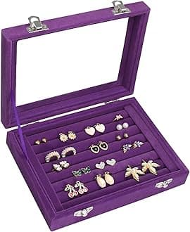 Rings Organizer Tray 7 Slots Velvet Jewelry Earring Storage Box with Transparent lid Jewelry Display Case for Girls Wife Mom Women (Purple)