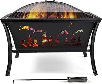 Cast Iron Fire Pits, Outdoor Round Wood Burning Fire Pit Bowl with Mesh Screen,Fireplace Poker,23In (28 inch Square)