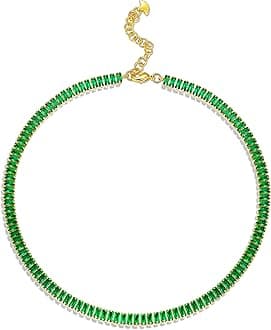 18K Gold Plated Emerald Choker Necklaces for Women, Green Statement Tennis Chain Choker Necklace Gift.