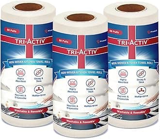 Tri-Activ Washable & Reusable Kitchen Towel Roll | 80 Pulls per Roll, 240 Sheets Pack of 3 | Highly Absorbent Kitchen Tissue Roll | Non Woven Fabric | Better alternative to Paper Tissue Roll | White