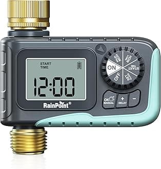 - RAINPOINT Sprinkler Timer with Brass Inlet & Outlet, Programmable Hose Timer for Garden Soaker Hose, Watering Timer with Rain Delay/Manual Watering System, Digital Drip Irrigation for Yard, Lawn