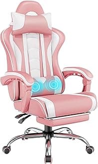Gaming Chair, Video Game Chair with Massage Lumbar Support and Footrest Height Adjustable Ergonomic Computer Chair with Swivel Seat and Headrest, Pink/White