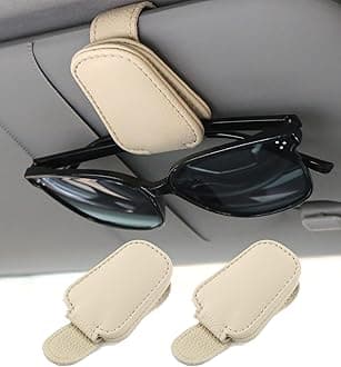 Shering Sunglasses Holders for Car Sun Visor, 2pack Beige Magnetic Leather Glasses Eyeglass Hanger Clip for Car, Visor Sunglasses Holder Clip Car Accessories for Truck