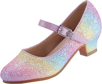 EIGHT KM Girls High Heel Dress Shoes Mary Jane Wedding Party Pumps Princess Shoes EKM7015 Sparkle Glitter Crystal Rainbow 3 UK Big Kid