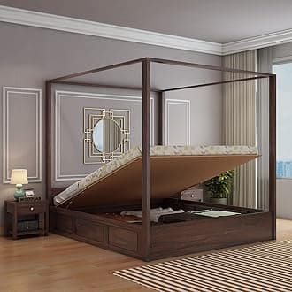 WOODLAB Sheesham Wood Queen Size Poster Bed with Hydraulic Storage Wooden Double Bed for Bedroom Living Room (Walnut Finish)