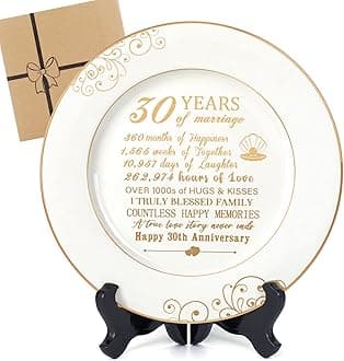 30th Anniversary Wedding Gifts for Wife 30 Year Anniversaty Plate with 24k Gold Foil Decorations for Couple Him Her Husband, Ceramic 9"