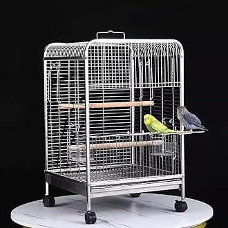 Travel Bird Cage, Stainless Steel Bird Cage, Parrot Cage, Bird Flight Cage with Wheels, Tray, Standing Pole, Food Bowl, for Parrots Conures Lovebird Cockatiel Parakeets
