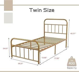 AUFANK Twin Metal Platform Bed Frame with Vintage Headboard Footboard Extra Strong Support No Box Spring Needed Noise Free Easy Assembly Gold