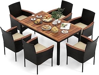KOTEK Outdoor Dining Set for 6, PE Rattan Wicker Patio Furniture Set with Wood Table & Cushioned Armchairs, 1.96'' Umbrella Hole, Patio Table and Chairs Set for Garden, Backyard, Balcony, Poolside