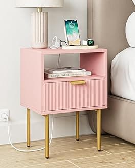 Nightstand,Morden Bedside Table with Gold Frame,Small Night Stand,End Table,Bedside Furniture,Side Table with Drawer and Shelf for Bedroom,Living Room (1Drawer-Stripe, Pink-Outlet)