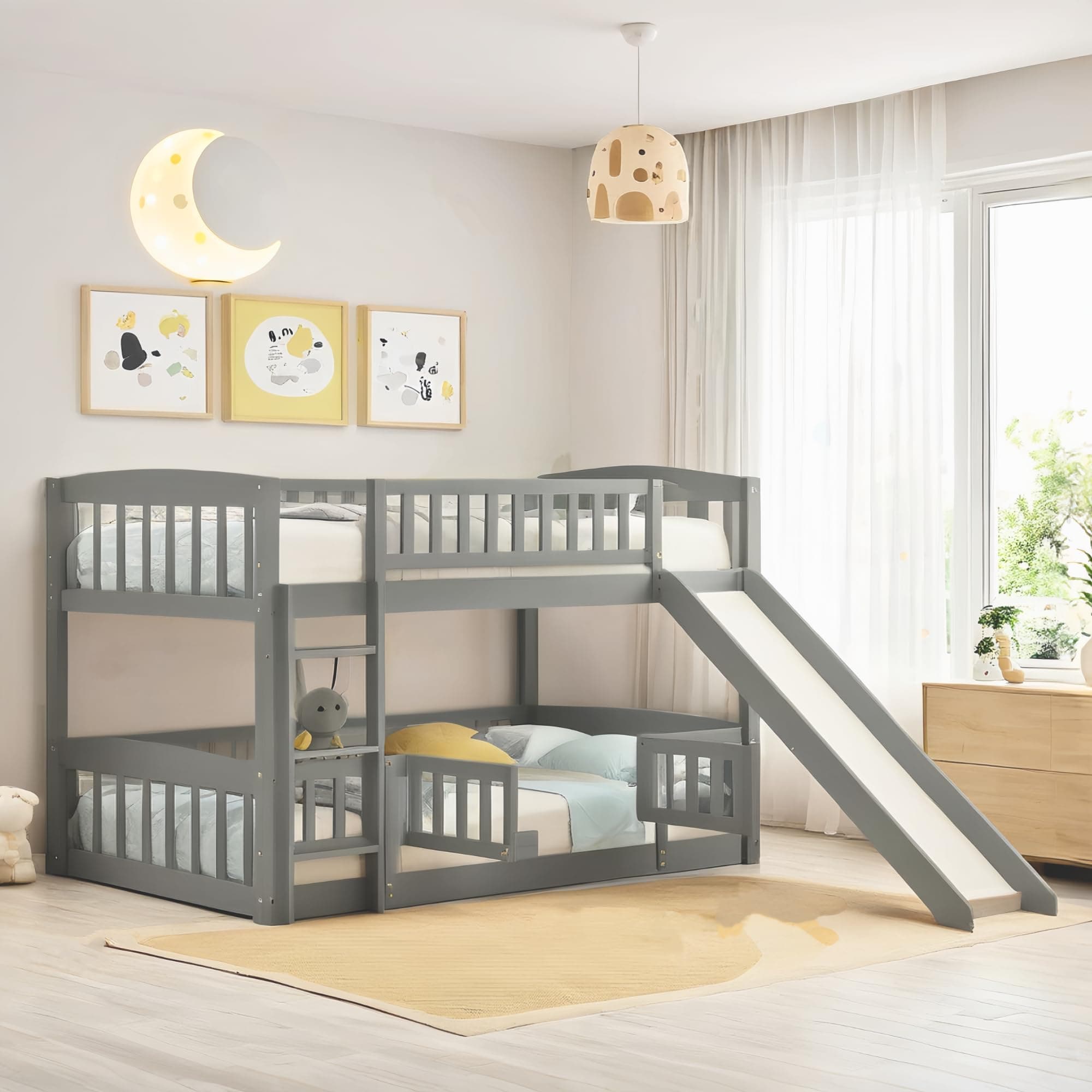 Low Bunk Bed with Slide and Bedside Rails