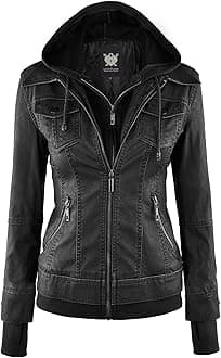 Women's Faux Leather Moto Biker Jacket Coat with Removable or Non-Removable Hood