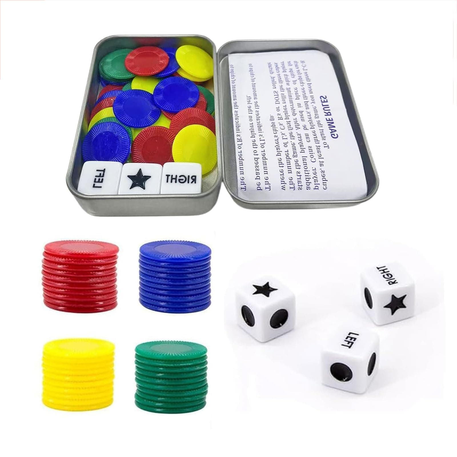 Dice & Accessories, Fun Dice Game, 52 Chips and 3 Sieves Left Right Centre Dice Game, Suitable for Games and Play with Friends and Relatives