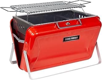 George ForemanGFPTBBQ1005R Go Anywhere Briefcase Charcoal BBQ, Portable, Sturdy Foldable Legs, Convenient Handle, Lightweight, Camping Red