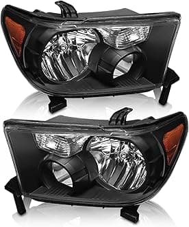AS Headlight Assembly Compatible 2007-2013 Toyota Tundra Headlight Assembly Replacement for 07-13 Toyota Tundra /2008-2017 Toyota Sequoia Without leveling system with Black Housing Amber Reflector