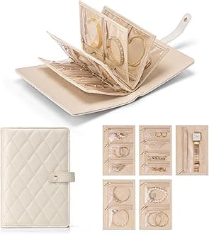 Vlando Travel Jewelry Organizer Case, Jewelry Storage Book Ring Binder with Clear Zipper Velvet Jewelry Pouches Bags for Rings,Necklace,Earrings,Christmas Gifts for Women-Cream White