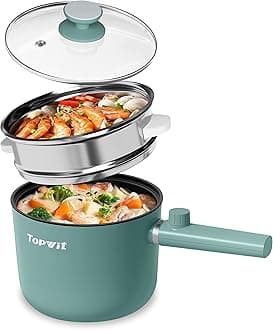 Topwit Hot Pot Electric with Steamer, 1.5L Ramen Cooker, Non-Stick Sauté Pan, Portable Cooking Pot, Electric Cooker with Dual Power Control, BPA Free, Over-Heating & Boil Dry Protection, Green