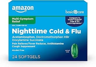 Amazon Basic Care Nighttime Cold & Flu Relief, Pain Reliever, Fever Reducer, Multi-Symptom, Sore Throat, Cough, Runny Nose, 24 Softgels