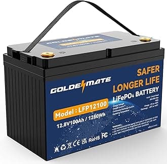 GOLDENMATE 12V 100Ah LiFePO4 Battery, Up to 15000 Deep Cycles Group 31 Lithium Battery, Built-in 100A BMS, Perfect for RV, Solar, Camping, Marine, Trolling Motor and Off-Grid Applications