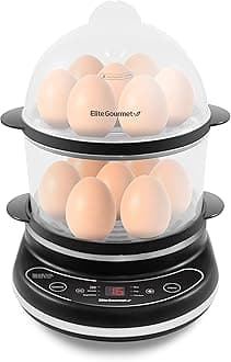 Elite Gourmet EGC314CB Digital Easy Egg Cooker Food Steamer, Poacher, Omelet, Soft, Medium, Hard-Boiled Egg with 6 Programmed Preset Functions, 2-Tiers, Measuring Cup, 14 egg capacity, Black