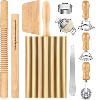 10 Pcs Pasta Making Tools Set, Manual Pierogi Maker, Ravioli Stamp Cutter, Wooden Rolling Pin, Dough Scraper, Gnocchi Board, 5 Ravioli Stamp Maker Cutter