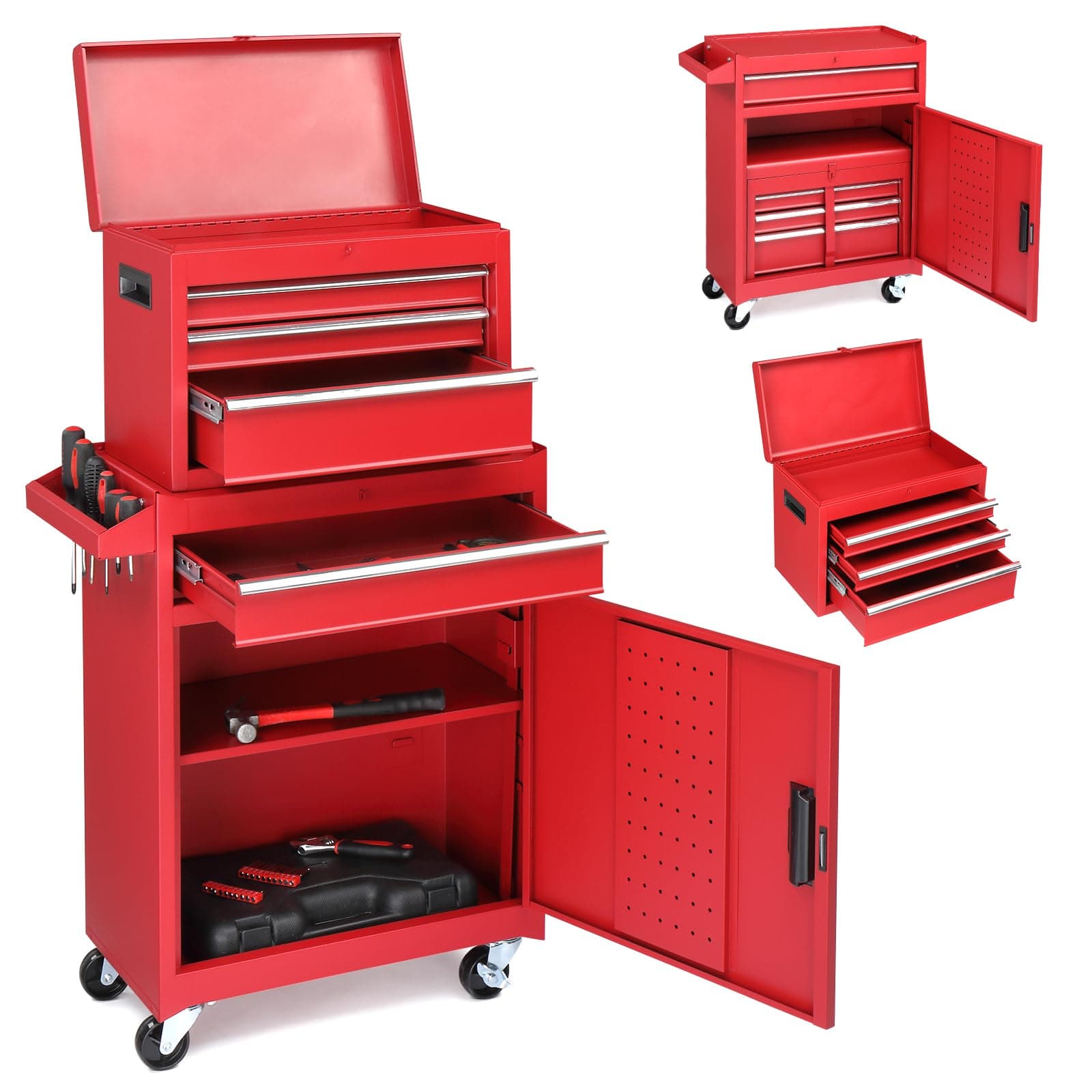 Winado 4-Drawer Rolling Tool Chest with Wheels & Lock, Tool Box with Large Storage Cabinet and Adjustable Shelf, Removable Portable Top Box for Garage, Warehouse, Factory (Red)