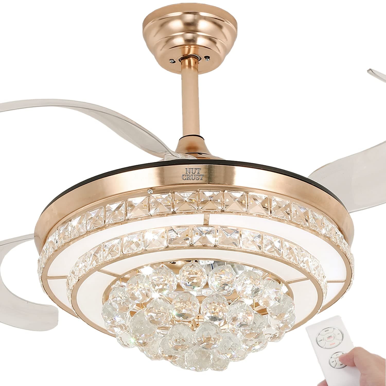 NUTCRUST Retractable Crystal Ceiling Fan with Light, Remote and APP Control, 6 Speed Reversible Blade Crystal Chandelier Ceiling Fan With Color Temperature Memory 42 inch 36W