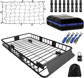 FORWODE 250LBS Universal Roof Rack Basket, 64"x39"x6" Rooftop Cargo Carrier Rack + Waterproof Cargo Bag 15 Cubic Feet(43"x34"x17") and Cargo Net, Ratchet Straps