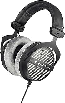 DT 990 PRO, 250 Ohm, Open Back, Over Ear, Wired Professional Studio Headphones, Mixing, Music Production, Editing, Audiophile, 3m Coiled Cable, Black with Grey Velour Ear Pads