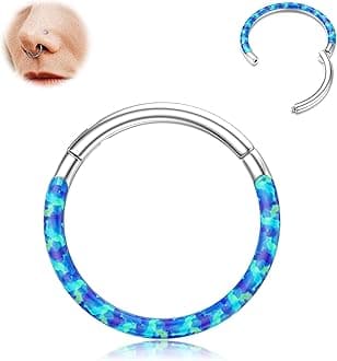 BodyBonita Hinged Opal Nose Rings Hoops - 16G/18G/20G 316L Surgical Steel Hinged Hoop Nose Rings for Women Septum Rings Conch Piercing Jewelry Helix Daith Cartilage Earrings Purple/Pink/Blue/White