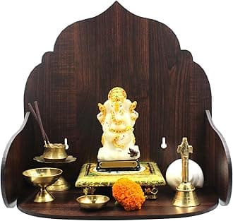 Amazon Brand - Solimo Beautiful Wooden Puja Stand/Shelf for Home Puja Mandir for Home Temple for Home and Office Puja Mandir for Living Room Wall Mounted Brown - SPJS-005