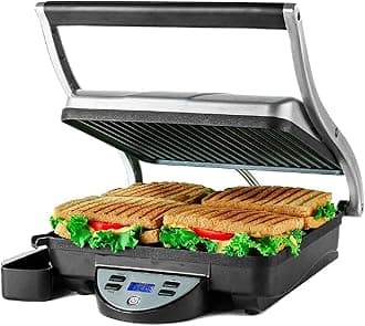 OVENTE4-Slice Electric Indoor Panini Press Grill With Non-Stick Cooking Plates, Digital Timer And Removable Drip Tray, 1500W Perfect For Sandwiches, Burgers And Grilled Cheese, Silver GP1000BR