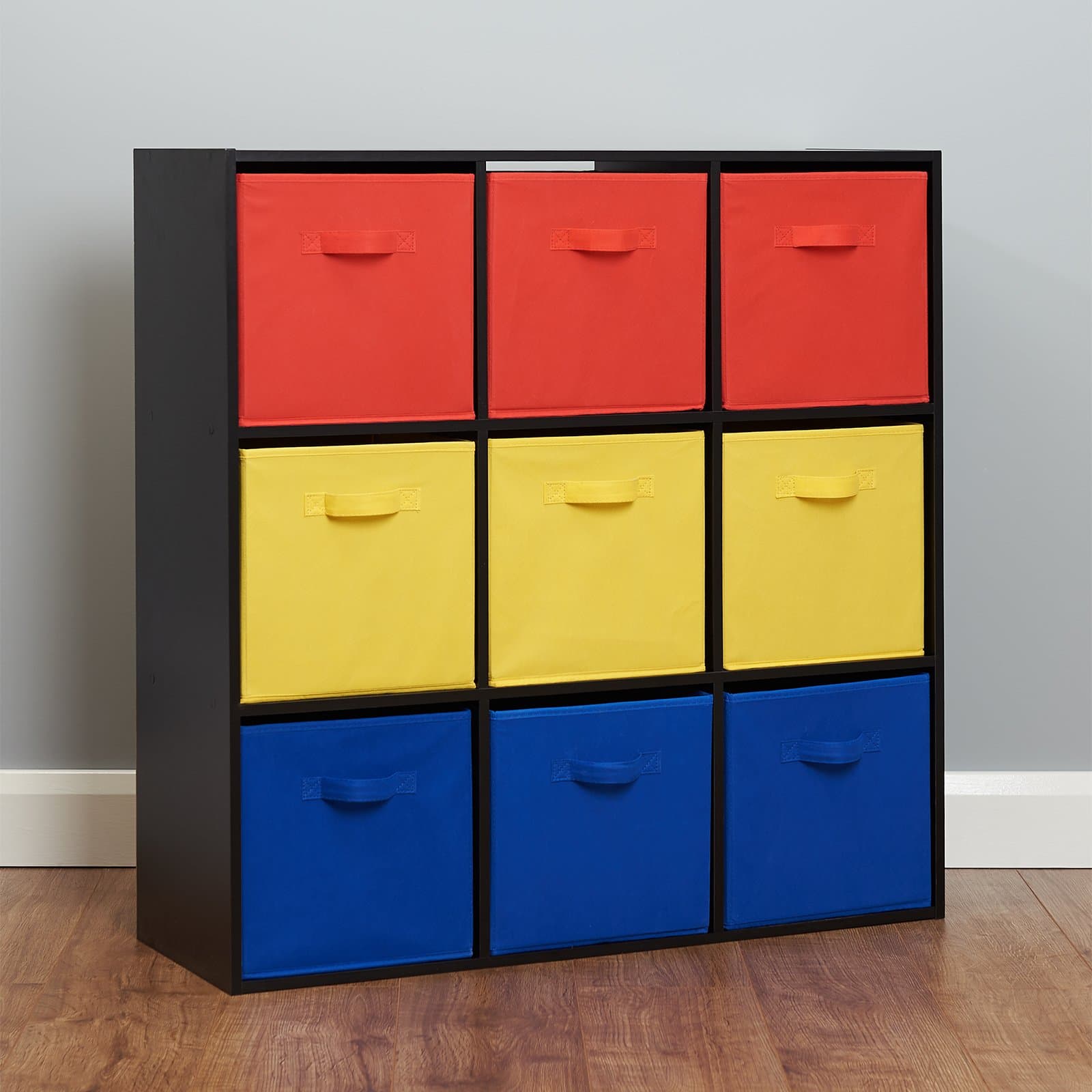 Roost Black 9 Cube Storage Unit - Red, Yellow and Blue Baskets
