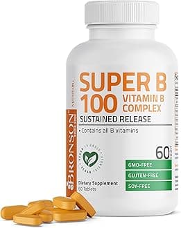 Bronson Super B100 Vitamin B Complex Sustained Release Contains All B Vitamins (Vitamin B1, B2, B3, B6, B9 - Folic Acid, B12), 60 Tablets