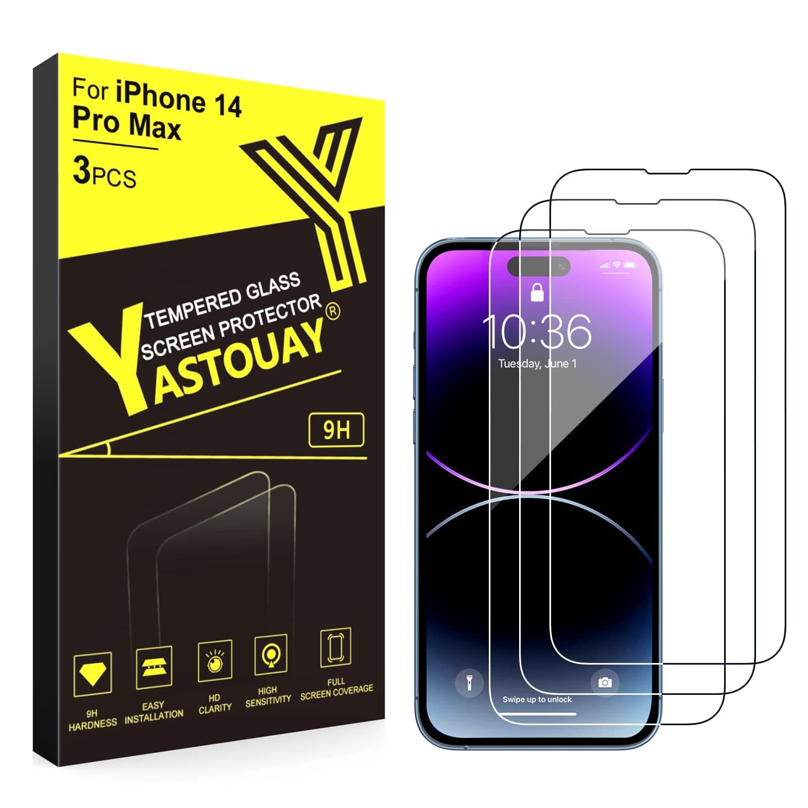 Yastouay Screen Protector for iPhone 14 Pro Max, Tempered Glass Film 6.7-Inch, Full Coverage, 9H Hardness, Anti-Scratch, 0.33mm 2.5D Ultra Transparent, Bubble Free, Case-Friendly, 3-Pack