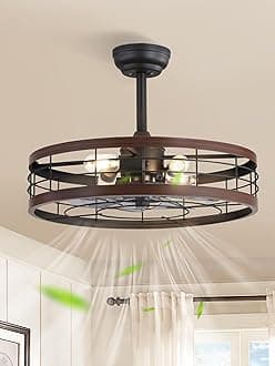 LEDIARY 22 inch Caged Ceiling Fan with Light, Fandelier Industrial Ceiling Fan with Remote, Farmhouse Fan Lights Ceiling Fixtures for Kitchen, Bedroom, Outdoor（6 Speed, Timing）-Walnut