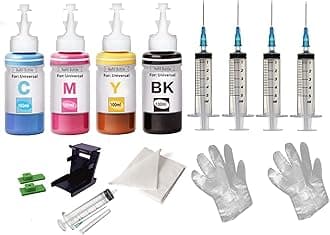 CANOFF Refill Ink for H.p. DeskJet 2723 All in One Wireless Inkjet Printer for H.p. 805 Ink Cartridge 100 ML Each Bottle Multi Color with Syringes (CMYK Refill Ink Full Set)