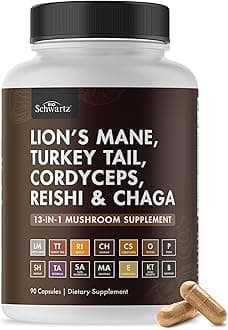BioSchwartz 13-in-1 Mushroom Complex Capsules - Organic Mushroom Supplement with Lions Mane, Chaga, Reishi, Cordyceps - Supports Focus, Energy, Immune System - with BioPerine for Absorption, 90 Count