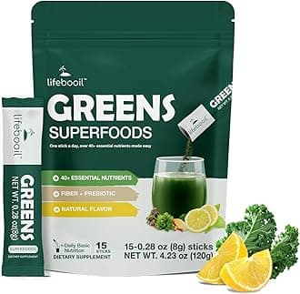Greens Superfood Powder Packets, 0 Sugar, 40+ Superfoods Drink Mix, Daily Super Greens Powder with Fiber, Prebiotics, Red Ginseng, Gut Health & Immune Support & Energy, Unflavoured, 15 Packets