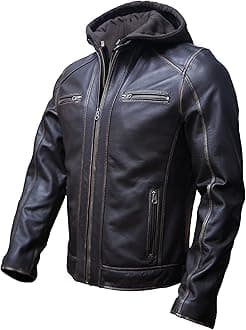 Mens Genuine Lambskin Leather Motorcycle Jacket with Removable Hood in Black Brown