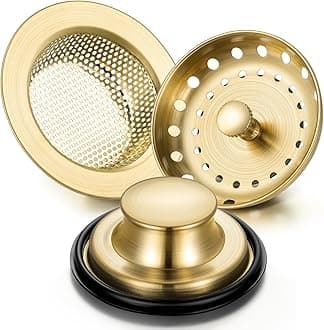 Mudder 3 Pcs Kitchen Sink Drain Strainer and Stopper Stainless Steel Garbage Disposal Plug with Handle Universal Anti-Clogging Kitchen Sink Filter Sieve Basket Strainer(Brushed Gold)