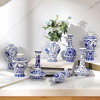 Dandat 8 Pcs Mini Chinoiserie Bud Vases Ceramic Blue and White Floral Chinese Porcelain Vase Set for Shelf Table Centerpieces Home Decor(Rustic)