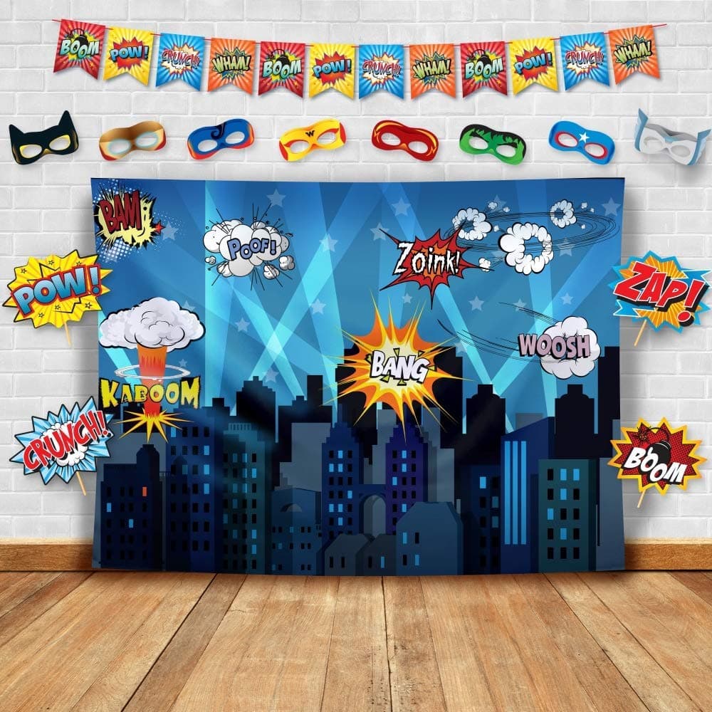 Superheroes Backdrop Kit with Props, Masks, Flags