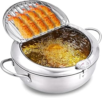 deep Fryer Pot,304 Stainless Steel with Temperature Control and Lid Japanese Style Tempura Fryer Pan Uncoated Fryer Diameter: 9.4"