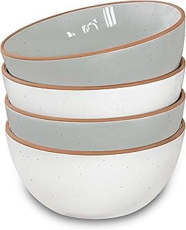 Mora Ceramic Bowls, 28oz - Set of 4 - For Cereal, Salad, Pasta, Soup, Dessert, Serving etc - Dishwasher, Microwave, and Oven Safe - Small Kitchen, Breakfast, Lunch and Dinner Approved - Vanilla & Grey