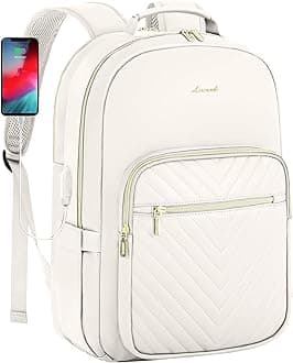 LOVEVOOK Leather Backpacks for Women,15.6 inch Leather Laptop Backpack Women Computer Backpack Laptop Bag,Stylish Quilted Travel Backpack Purse Work College Teacher Backpacks with USB Port,Off-white