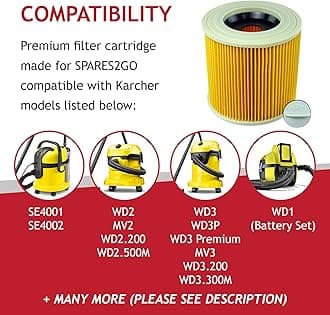 SPARES2GO Premium Filter Cartridges for Karcher A2054 WD2 WD3 MV2 MV3 Wet & Dry Vacuum Cleaner (Pack of 2)