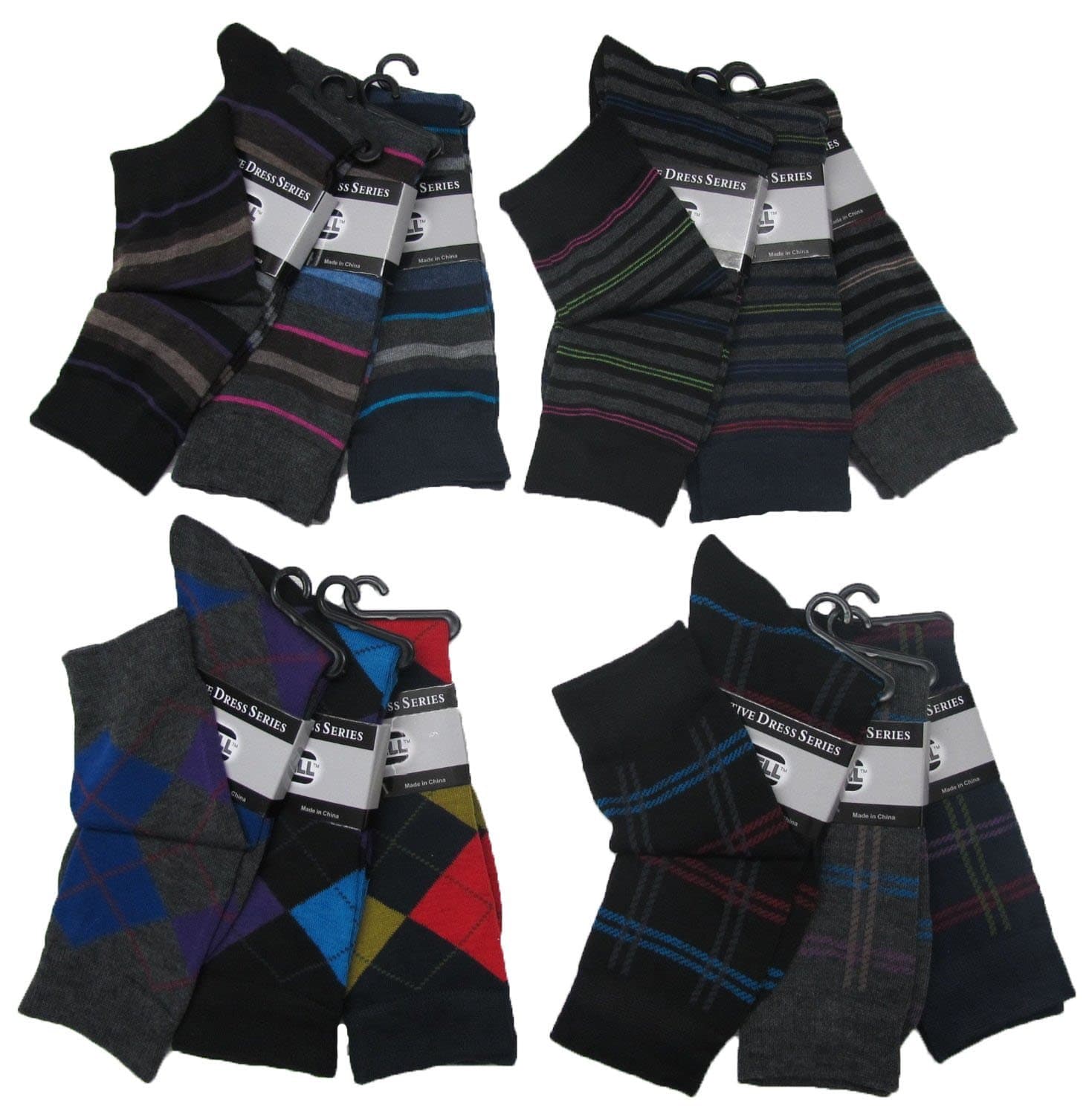 Men's Pattern Dress Socks, 12 Pair, Pattern Variety, Size 10-13