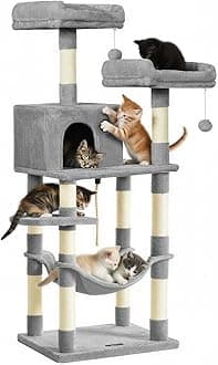 Cat Tree, 56.3-Inch Cat Tower, Multi-Level Plush Condo with 11 Scratching Posts, 2 Perches, Hammock, Cave, Light Gray UPCT15W