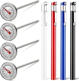 Xuhal 4 Pieces Stainless Steel Kitchen Thermometer Immediate Read Pocket Thermometer 1 Inch Dial Food Thermometer with 4 Pcs Sleeves for Milk Frothing Oven Meat Cooking Probe Water Grill Coffee BBQ